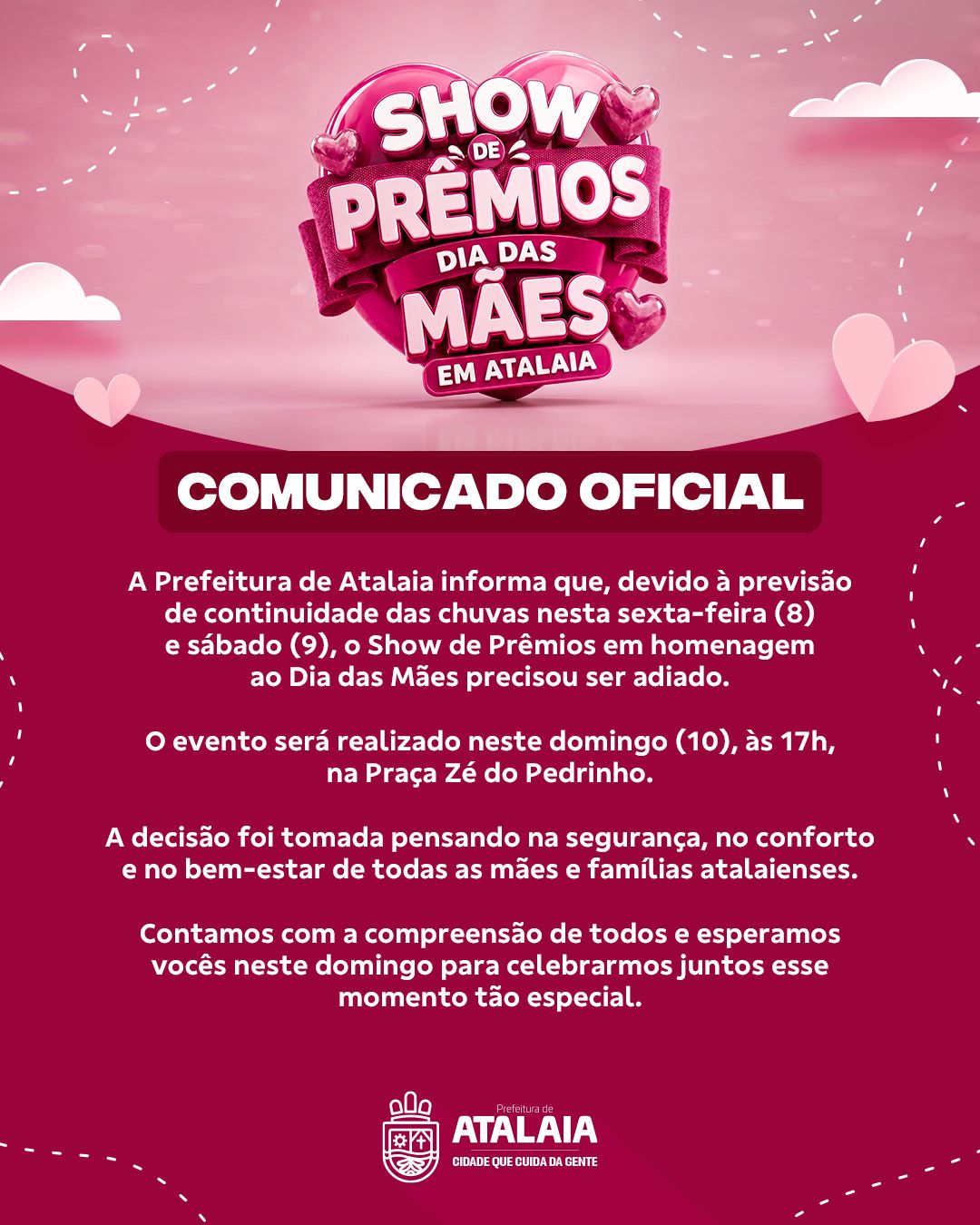 Show de Prêmios em homenagem ao Dia das Mães é transferido para domingo (10) devido às chuvas